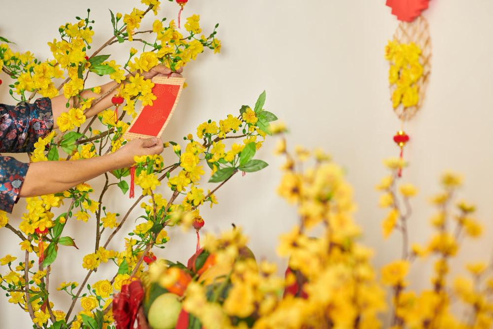 The yellow apricot blossoms are often decorated with parallel sentences that have good meanings